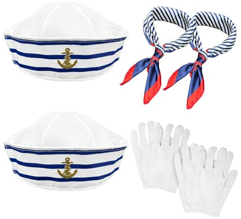 XNIVUIS Captain Matrosen-Kostüm-Set, Matrosenmütze, Schal, weiße Handschuhe, Yachtkapitän-Mütze, Seemannskappe, Einheitsgröße, marineblaues Outfit, Verkleidungsparty für Damen und Herren,