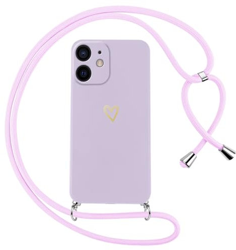 Oelrstfe Handyband für iPhone 12 Hülle mit Band Herz Motiv Handyhülle für zum Umhängen Silikon Stoßfest Ultra Dünn Weich Schutzhülle mit Kordel Necklace Kette Gold Love Muster Case Cover,Lila