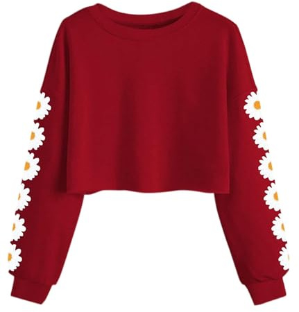 Imily Bela Girls Sweatshirt Daisy Pinted Crop Tops Cute Kids Jumper Long Sleeve Pullover Tee Shirts Clothes(Red, 13-14 Years)