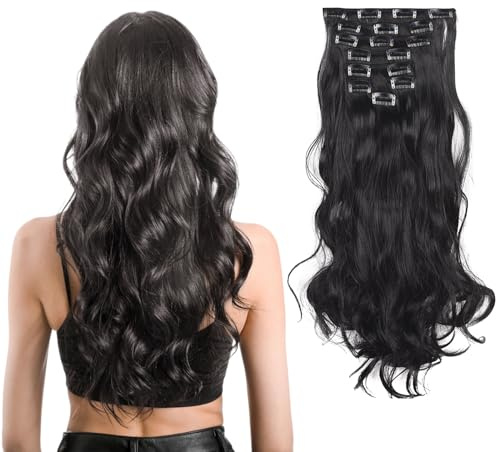 UILYNIU Clip in Extensions Echthaar Haare Extensions Lange Gewellt Schwarz Haarverlängerung Invisible Secret Haarextension Synthetik Hair Unsichtbarem Haarteile für Frauen(Schwarz)