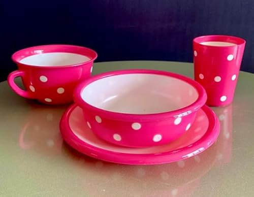 Set posto tavola in melamina con piatto piano, piatto fondo, tazzone e bicchiere, decoro pois, resistenti, ideali per scuole, feste, campeggi, bambini. Set 4 pezzi, decori assortiti