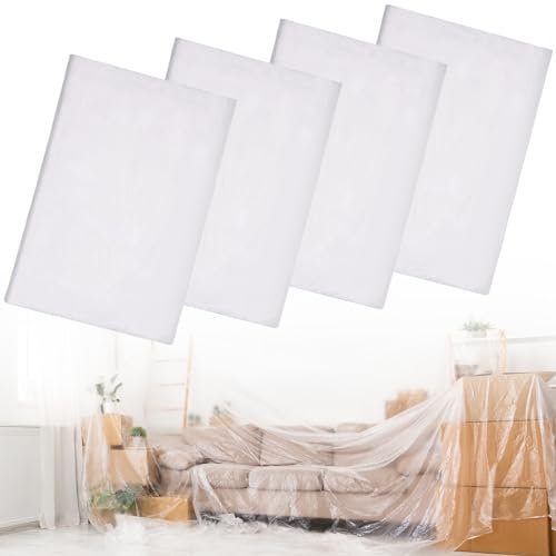 Yimomoyi 4x5m Bache de Protection Peinture, 4 Paquets Plastique Protection Peinture, Film de Couverture Feuilles de Plastique Imperméables pour La Peinture et l'ameublement (4 Pièces)