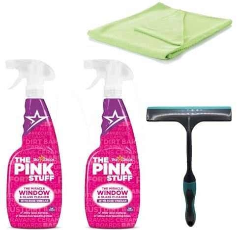 The Pink Stuff The Miracle Window Cleaning Kit, 850ml Cleaner Spray, Window Handle, 2 Microfibre Pads With Dirty Scrubbers Gloves (Dirty Scrubbers Kit)