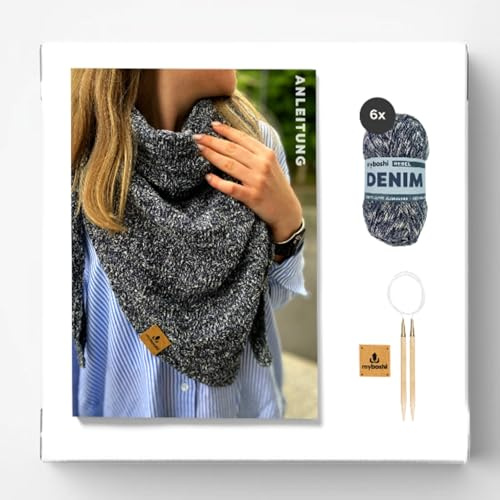 myboshi Strickset Tuch Rügen für Anfänger, inkl. Jeansgarn, Rundstricknadel, Anleitung und Label, 50% recyceltes Denim, 50% Baumwolle (Bio), Blau, mit Rundstricknadel