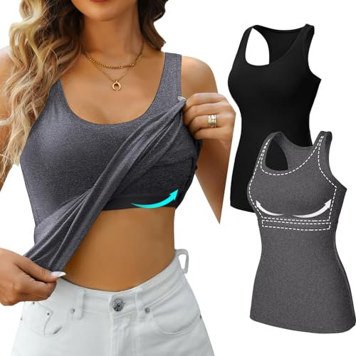 Charmo Tank Tops Damen mit Regal BH Baumwoll Unterhemden Basic eng lang Top Slim Fit Shirts Frauen 2er Pack Grau Schwarz