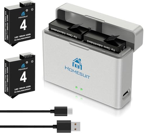 Homesuit Osmo Action 4 3 Battery 1800mAh and USB Dual Slots Fast LED Charger Kit for DJI Osmo Action 4 / DJI Osmo Action 3 (2-Pack)