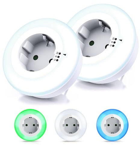 CSL - 2x LED Nachtlicht Steckdose - Orientierungslicht Nachtlampe - integrierter Helligkeitssensor und Dämmerungssensor - drei Lichtfarben Weiß Grün Blau - auch für Babys und Kinder - Set