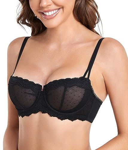 DotVol Women's Balconette Sheer Lace Half Cup Unpadded Underwire Push Up Bra(Black, 34B)