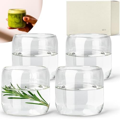 KIVY Gläser Set [4x 240ml] Aus hochwertigem Borosilikatglas - Aesthetic Matcha Trinkgläser Modern - Wassergläser - Glasses - Wasserglas klein - Eiskaffee Gläser - Spülmaschinenfest