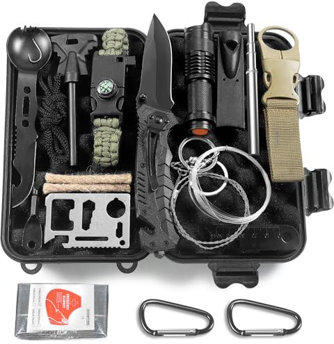 Graxury 13-in-1 Survival Kit Emergency Equipment Outdoor Multi-Tools, Thermal Blankets, Survival Bracelet, Whistles, Fishing Kit, Mens Gift for Hiking Camping Hunting Cycling Outdoors