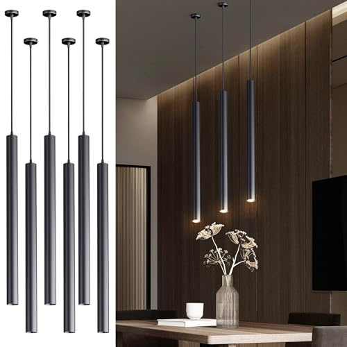 Hängelampe Hängeleuchte Esstisch Schwarz mit COB Lampe Perlen, 3000K CRI≥90 Modern Höhenverstellbare Pendelleuchte Zylinder für Esstisch Wohnzimmer und küche (6, Φ40*L600mm)