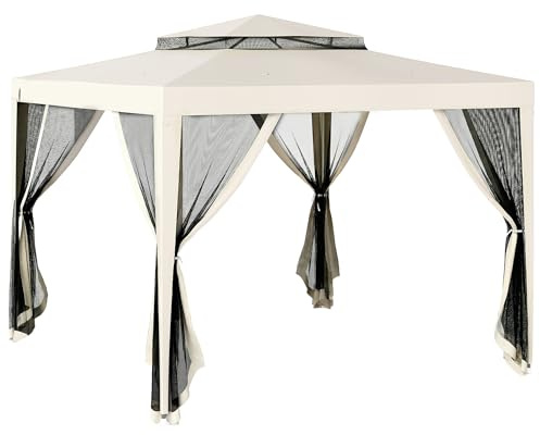 Outsunny Gazebo da Giardino 3x3 con Zanzariere Laterali, Doppio Tetto e 8 Fori di Drenaggio, Gazebo da Esterno in Metallo e Poliestere, per Giardino, Feste, Campeggio, Crema