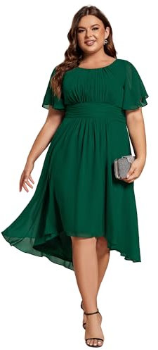 Ever-Pretty Plus Women's A Line Crew Neck Short Sleeves Pleated Chiffon Plus Size Mother of The Bride Outfits Dresses Dark Green 20UK