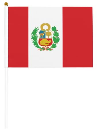 Bandera de mano de diez piezas de Perú de 5.5 x 8.2 pulgadas, banderas pequeñas en palos de madera con parte superior de lanza, mini bandera para desfiles, elecciones, eventos patrióticos