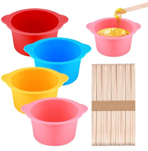 Huakaile 4 Pieces Non-stick Silicone Wax Warmer Liner with 50 Pieces Reusable Sticks, 14 Oz/400 ML Silicone Wax Pot Liner Bowl Replacement for Hair Removal (Blue, Pink, Red, Yellow)