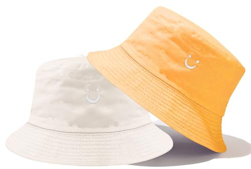 SUBTAVIK Kinder-Sonnenhut mit Smiley-Motiv, für Mädchen und Jungen, wendbarer Kleinkinderhut, breite Krempe, doppelseitiger Fischerhut, atmungsaktiver Sonnenhut für Kinder von 2–8 Jahren (Beige/Gelb)