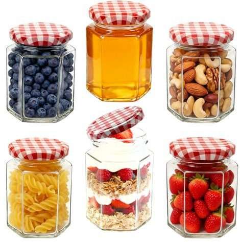 NBOUOU Glass Jam Jars with Lids, 6 Pack Hexagonal Preserving Jars 280ml/9oz | Red Storage Glass Jars Screw Top Airtight Jars for Marmalade, Honey, Spices, Pickle & Chutney