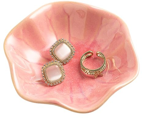 QNMUSUNC Ceramic Ring Dish, Jewelry Dish Holder, Small Trinket Tray Plate for Earrings Rings Necklaces Keys, Gift for Mom Friend Sister on Birthday Mother's Day Christmas (Pink Surface)