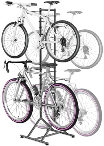 Mimoke Portabici per 4 biciclette, autoportante e senza trapano, regolabile in altezza per ruote di diverse dimensioni, robusto portabici verticale per garage, cantina e casa, con ganci per accessori