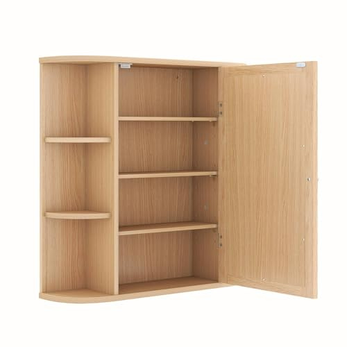 Multigot Bathroom Mirror Cabinet (Natural, 65 x 17 x 64 cm) | Wall-Mounted Storage Cupboard with Adjustable Shelves, Single Door Organizer Unit for Living Room and Bedroom