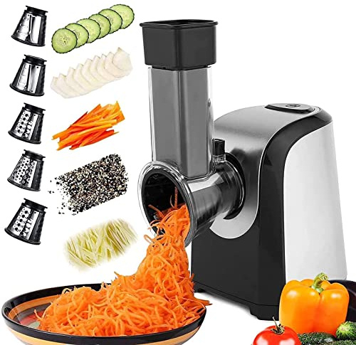 Tagliaverdure Elettrico 150W - Grattugia Elettrica 5 in 1 con 5 Lame, Affettatrice per Verdure, Formaggio e Frutta, Lavabile in Lavastoviglie