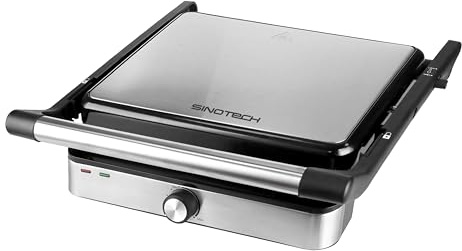 Sinotech Bistecchiera Elettrica e Panino Maker, in Acciaio, Ampie Piastre Antiaderenti 23,5x29,5cm, Coperchio Basculante con Apertura 180°, Vassoio Raccogli Grassi, 2000W