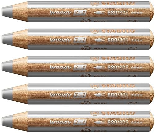 STABILO - Buntstift, Wasserfarbe & Wachsmalkreide - woody 3 in 1-5er Pack - silber