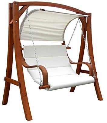 2-3 Seater Larch Wooden Garden Outdoor Swing Seat Hammock Cream Canopy 1.9M Brown