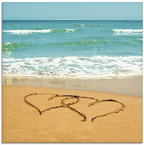 ARTland Wanddeko Glasbilder Wandbild Glas Bild einteilig 50x50 cm Quadratisch Strand Meer Küste Liebespaar Herz Sand Liebe Urlaub T5OB