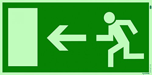 Fluchtweg Notausgang Schild Kunststoff nachleuchtend + selbstklebend DIN BGV 8A Pfeil links, orig. ANDRIS®