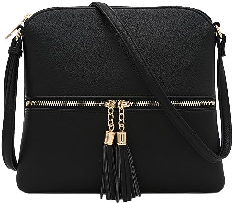 DELUXITY Leichte mittelgroße Umhängetasche mit Quaste, Schwarz, Einheitsgröße, schwarz, Einheitsgröße