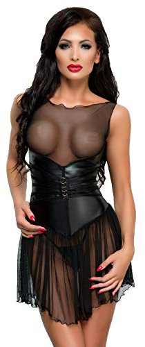 Schwarzes erotisches Frauen Gogo Mini Kleid Chemise transparent aus Wetlook Material und Tüll L/XL