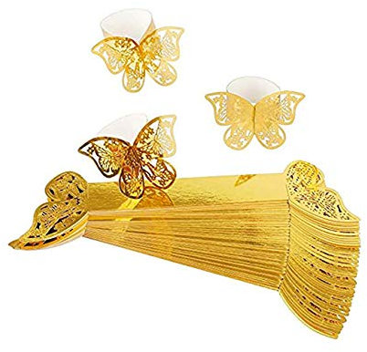 Anloo Schmetterlings Papier Serviettenring, 50 Stück 3D Laser geschnittene Serviettenschnallen Band für Hochzeitsessen Party Serviette Table Festival Jubiläumsrestaurant (Gold)