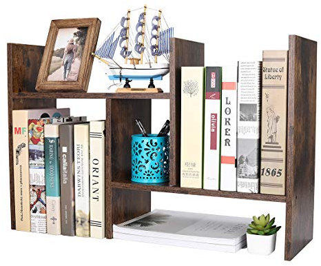 PAG Desktop Kleines Regal Einstellbare Holz Bücherregal Klein,Schreibtisch Organizer und Zubehör Display Rack, Für Büro, Schule und Zuhause,Antik Braun