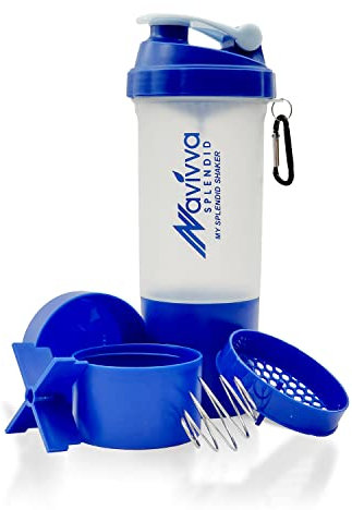 NAVIVVA SPLENDID Protein Shaker Bottle with Mixing Ball and Storage Compartments, 600 ml – BPA-Free, 100% Leakproof Gym Shaker Bottle with added Compartments for powder & supplement storage. (Blue)