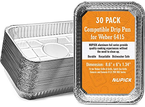 NUPICK Lot de 30 poêles d'égouttement compatibles avec Weber, 6415 accessoires de barbecue pour Weber Spirit, Genesis, Traveler, série Q – Sacs de graisse jetables en aluminium – 21,6 x 15,2 cm