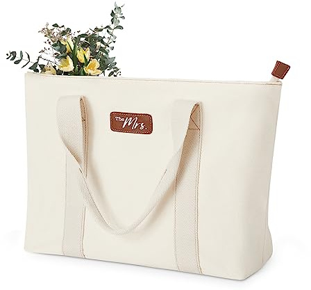 AW BRIDAL Mrs Tote Bag for Bride, Canvas Mrs Beach Bag, Bridal Shower and Bachelorette Gifts for Women, Engagement Gift for Her, Bride to Be Gifts for Wedding, Honeymoon, Travel, White