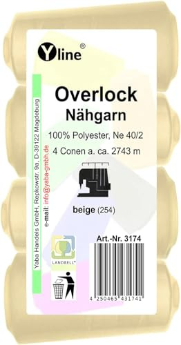 4 Stück Spulen Overlock - Nähgarn, beige, a. 2743 m, NE 40/2, 100% Polyester, Nähfaden, Nähmaschinen Garn, (0,01 € / 10 m), 3174