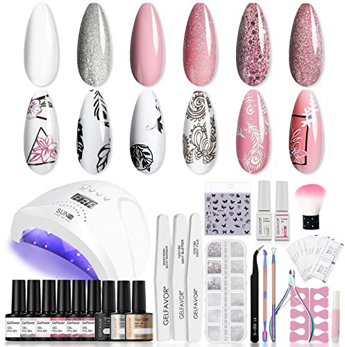 GELFAVOR Shellac Set Starterset mit Lampe 48W UV Lampe für Gelnägel Starterset 6 Farben Weiß Rosa Glitzer Farbe UV Nagellack Set Glitter Gellack UV LED Nagellampe Set UV Gel Shellac Nagellack Set