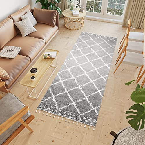TAPISO Boho Teppich Läufer Kurzflor Shaggy Dunkelgrau Creme Karo Fransen Schlafzimmer Wohnzimmer Design Modern 100 x 200 cm
