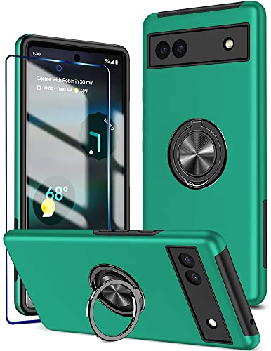 KRAFTCARE Coque pour Google Pixel 6a avec anneau de béquille et protecteur d'écran, antichoc et anti-rayures, anneau magnétique à 360°, coque de téléphone pour Google Pixel 6a – Vert foncé