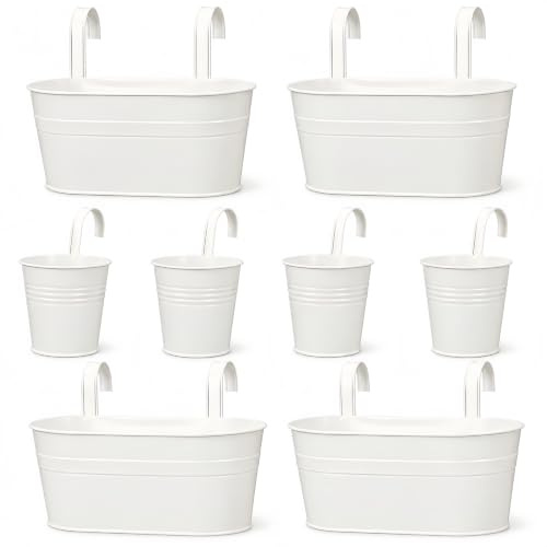 8 Pcs Metal Iron Hanging Flower Pots White Oval Balcony Planters Railing Hanging Bucket Pots Round Fence Planter Holder with Detachable Hooks for Indoor Outdoor Balcony Window Wall Fence Decoration