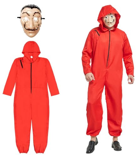 Kitimi Haus des Geldes Kostüm Set mit Cosplay Maske, Roter Overall mit Kapuze für Erwachsene Unisex Cosplay Outfit für Karneval Fasching Halloween
