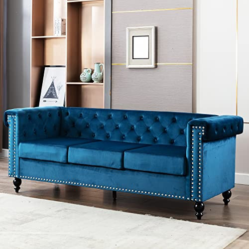 3-Sitzer Sofa Chesterfield mit edler Knopfheftung und typischen Armlehnen 3-Sitzer Sofa, Couch für Wohnzimmer, Bezug aus Samt, für Wohnungen, Holzgestell, Metallbeine, einfacher Aufbau (blau)