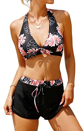 RITOSTA Maillot de Bain Femme 2 Pieces Shorty Bikini Sexy Maillots Deux Pièces Push Up Maillots de Bain Taille Haute Imprimé Tankini Rembourré Swimwear Beachwear(Noir Fleurs,XXL)