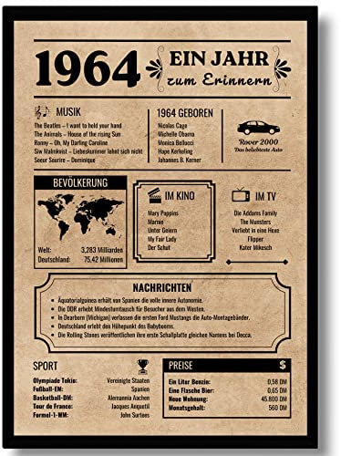 EQUIK PRODUCTS Póster de aniversario de 60 años | regalo 60 cumpleaños | póster vintage en alemán | año de nacimiento 1964 | 60 cumpleaños mujeres | 60 cumpleaños hombres | Regreso a 1964 (1964)
