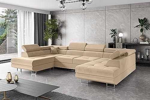 ALTDECOR Ecksofa in U-Form mit Schlaffunktion und Bettkasten mit Gasdruckfeder, Polstercouch Wohnlandschaft rückenecht gepolstert, ideal als Gästebett - GUSA - 342x202 cm Beige