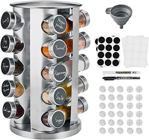 AMALO 360° Rotating Spice Rack with 20 Premium Glass Jars – Sleek Kitchen Carousel Organizer, Sturdy Free-Standing Design, Effortless Spice Storage for Cooking Enthusiasts!