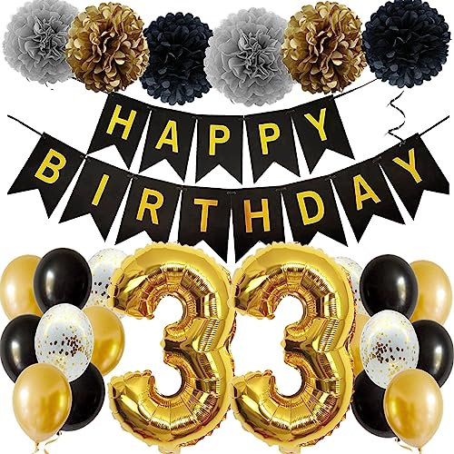 Feelairy Ballons 33. Geburtstag Deko Männer Frauen, Schwarz Gold Geburtstagsdeko 33 Jahre Mann Frau, Happy Birthday Deko Konfetti Luftballons Deko 33 Geburtstag Mann 33 Geburtstag Deko Frauen