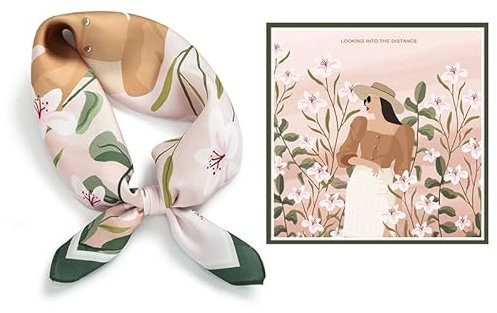 GIMIRO Foulard en Soie Synthétique, 53 x 53 cm, Motif Floral Jaune et Vert, Style Élégant (Khaki Fleurs autour de la fille)